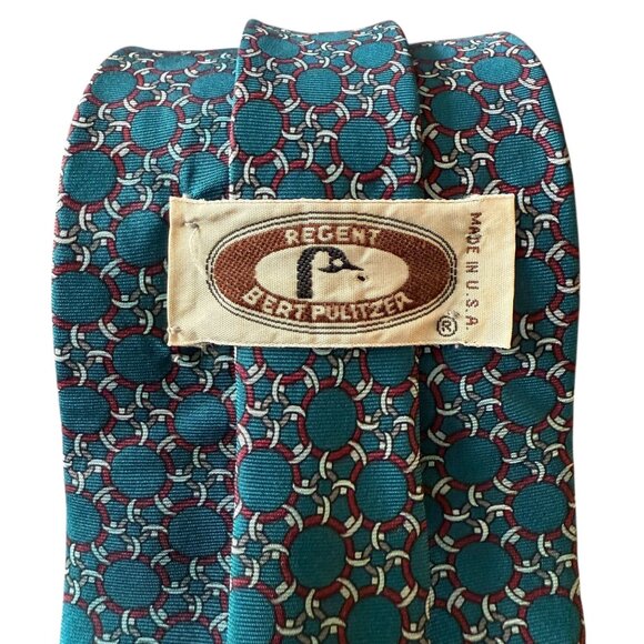 Regent Bert Pulitzer Vintage Mens Silk Tie Teal Geometric Pattern Made In USA - Picture 6 of 9